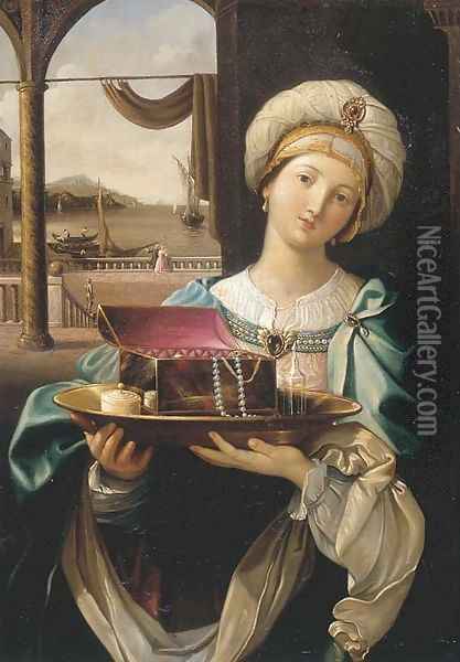 A lady holding a silver plate with a jewellery box, a harbour in the distance Oil Painting - Guido Reni