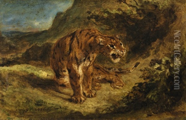 Tiger On The Look-out Or Growling Tiger Oil Painting - Eugene Delacroix