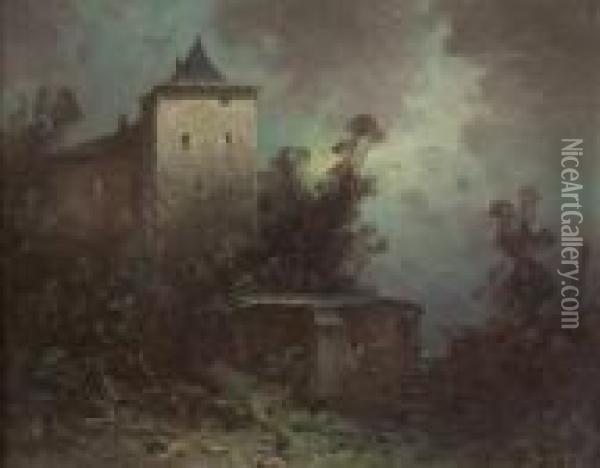 Burg Im Mondschein Oil Painting - Oskar Mulley