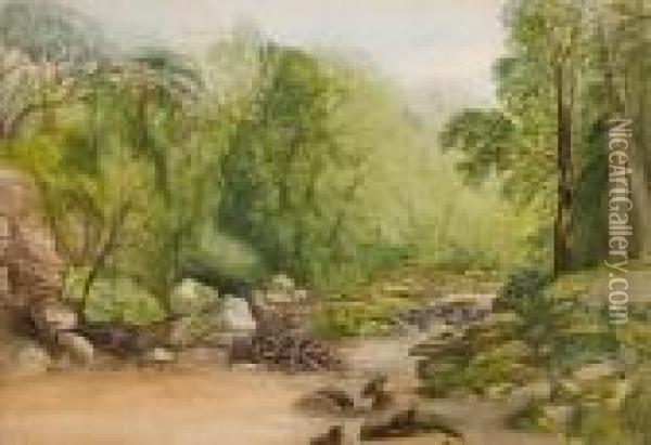 A Wooded Upland Stream Oil Painting - John Middleton