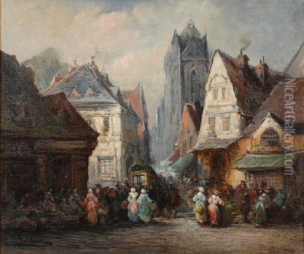 A Market Scene In Rouen Oil Painting - Paul Denarie