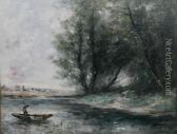 Wooded Lake With Figure In A Punt Oil Painting - Jean-Baptiste-Camille Corot