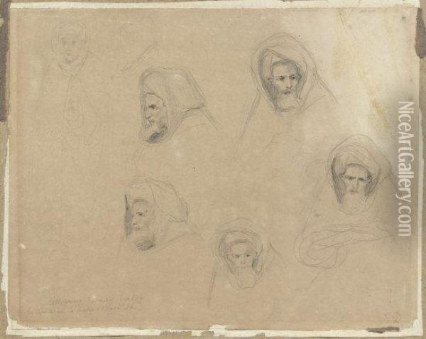 Une Feuille De Cinq Etudes De Tetes Du Ministre Amin-bias A Tanger Oil Painting - Eugene Delacroix