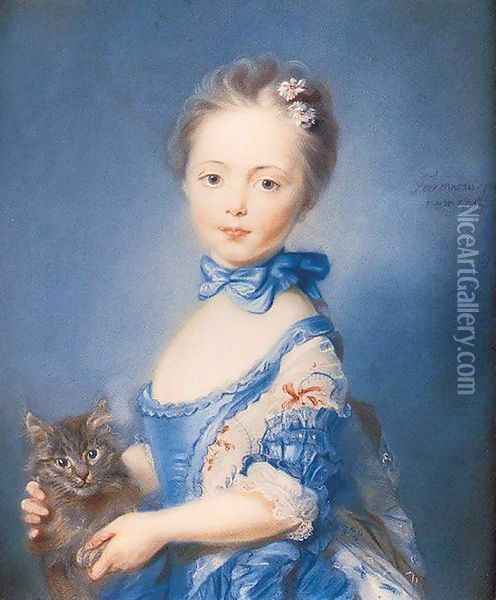 A Girl with a Kitten 1745 Oil Painting - Jean-Baptiste Perronneau