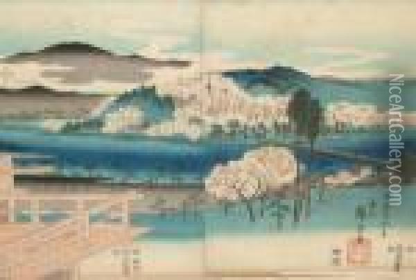 1880- Two Figures In Aninterior Oil Painting - Utagawa or Ando Hiroshige