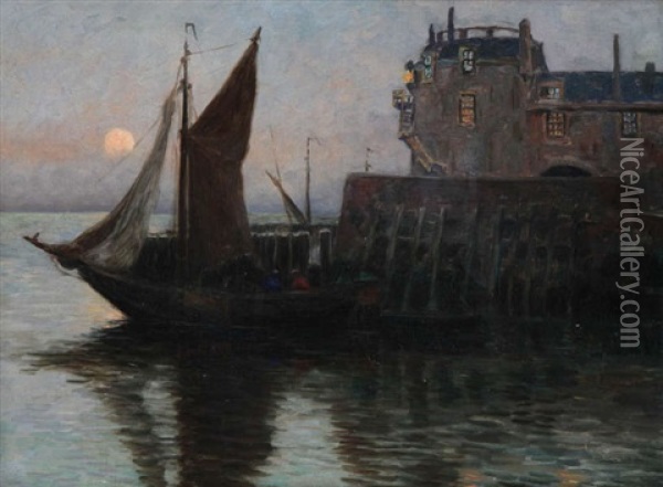 Vue De Port Avec Voilier Pres De L'estacade Au Clair De Lune Oil Painting - Henri Houben