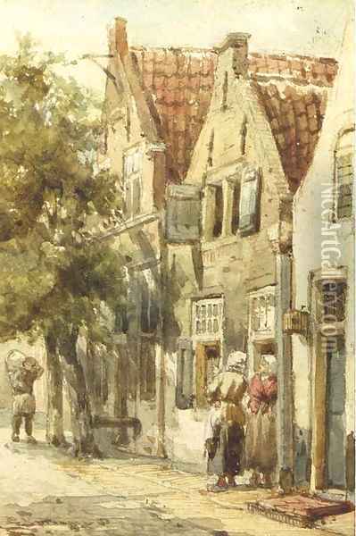 Figures conversing in a street, Monnickendam Oil Painting - Cornelis Springer