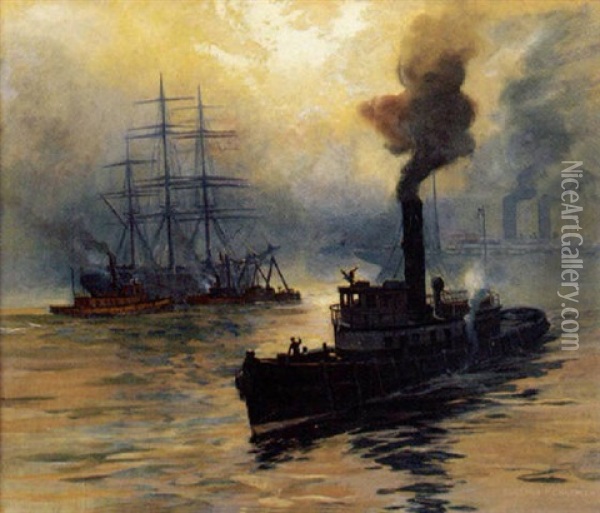Tug Boats In A Busy Harbor Oil Painting - Carlton Theodore Chapman