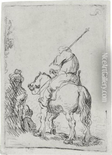 A Turbaned Soldier On Horseback (b., Holl. 139; H. 99; Bb. 32-6) Oil Painting - Rembrandt Van Rijn
