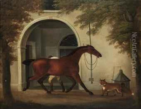A Groom Rubbing Down A Hunter Outside A Stable, With A Foxnearby Oil Painting - Daniel Clowes
