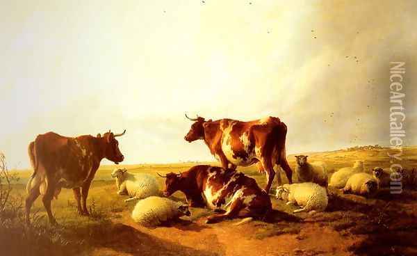 Cattle And Sheep In A Landscape Oil Painting - Thomas Sidney Cooper