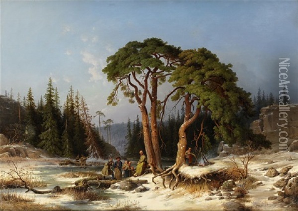 Nordiskt Vinterstycke: Granskog Med Ett Tillfruset Trask Oil Painting - Joseph Magnus Stack