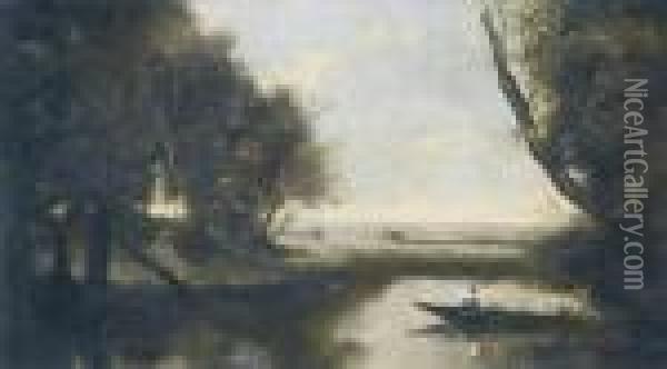 Flusslandschaft Mit Boot Und Figur. Oil Painting - Jean-Baptiste-Camille Corot