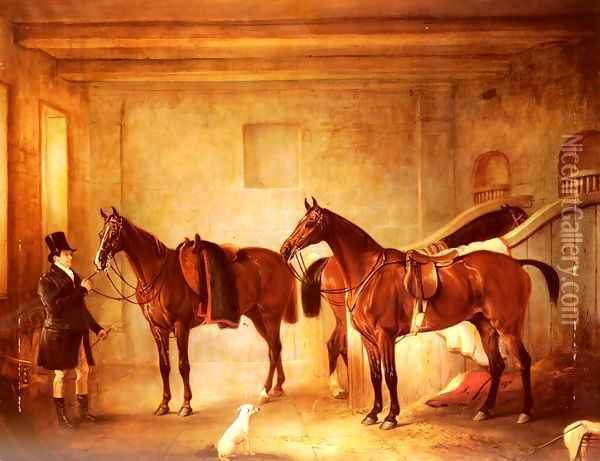 Sir John Thorolds Bay Hunters With Their Groom In A Stable Oil Painting - John Jnr. Ferneley