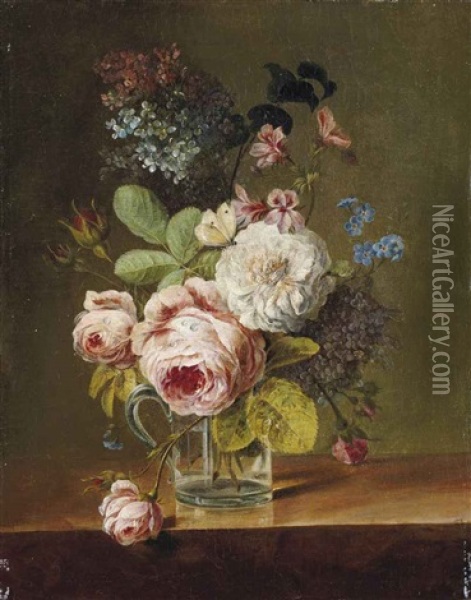 Roses, Lilas Blancs, Mauves Et Autres Fleurs Oil Painting - Elise Bruyere