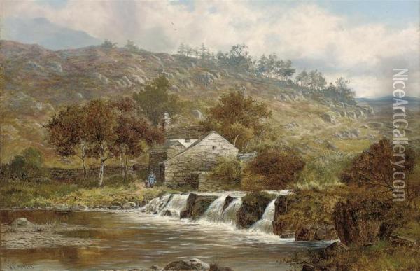 Figures Beside A Cottage Beside A River Oil Painting - William Henry Mander