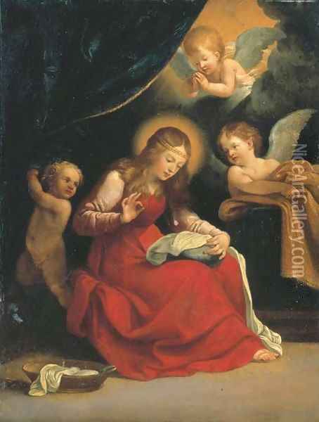 The Virgin sewing, accompanied by two Angels and a putto Oil Painting - Guido Reni