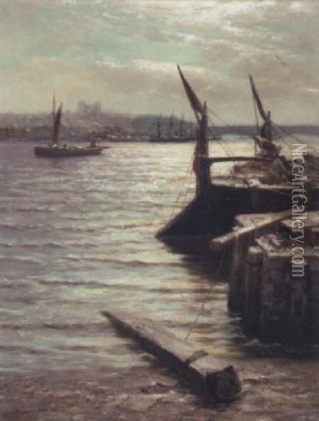 Barges Moored By The Riverbank Oil Painting - Colin Hunter