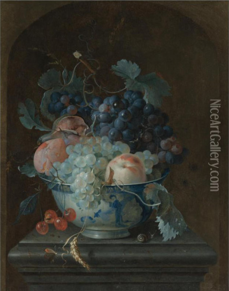 Still Life With Grapes, Cherries, Peaches And A Fig In A Porcelain Bowl Resting On A Ledge Before A Stone Niche Oil Painting - Coenraet Roepel