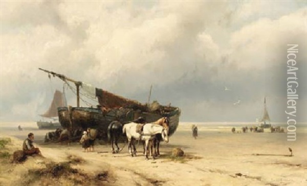 Fisherfolk By A Beached Bomschuit Oil Painting - Johannes Hermanus Barend Koekkoek