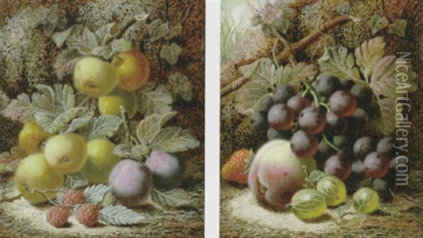 Apples, Plums And Rasperries On A Mossy Bank Oil Painting - Oliver Clare