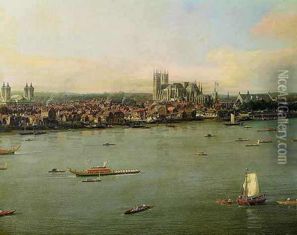 View of the Thames and Westminster Bridge, detail of Westminster Abbey, 1746-47 (detail) Oil Painting - (Giovanni Antonio Canal) Canaletto
