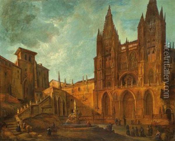 Fachada De La Catedral De Burgos Con La Fuente De Santa Maria Oil Painting - Jenaro Perez Villamil