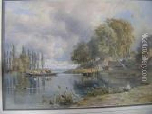 Extensive River Landscape With Figures In A Ferry Boat And Fishing Oil Painting - George Arthur Fripp