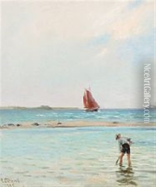 Summer Day With A Boy In The Shallows Oil Painting - Janus la Cour