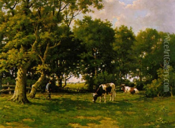 Landschap Met Koeien Onder Bomen Oil Painting - Adriaan Marinus Geyp