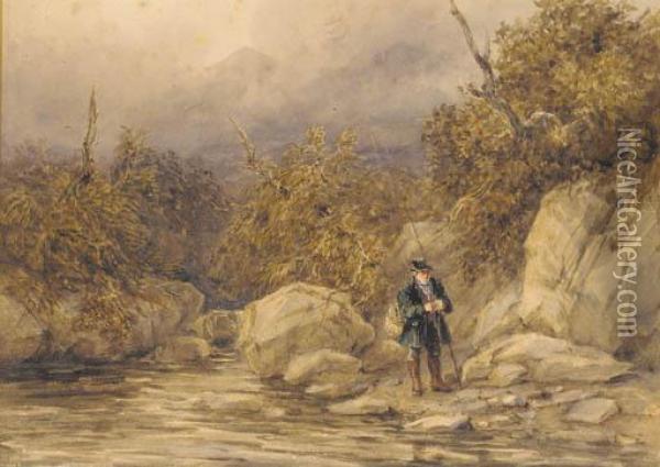 A Fisherman At The Edge Of A River, North Wales Oil Painting - David I Cox
