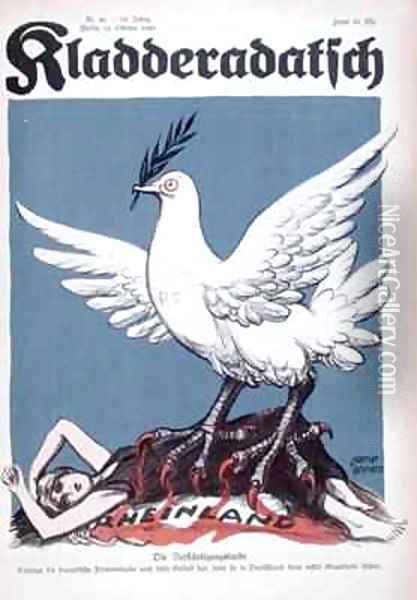 France as the dove of peace with eagles claws trapping a caricature of the Rhine Oil Painting - Werner Gahmann