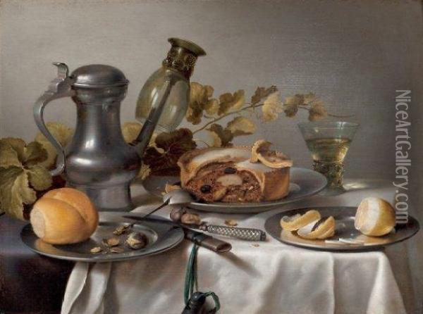Dejeuner Sur Une Table Avec Un Pichet En Etain, Une Tourte Et Uncitron Oil Painting - Laurens Craen