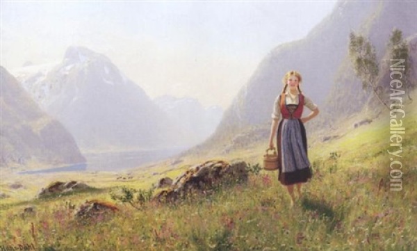 Budeie I Fjordlandskap Oil Painting - Hans Dahl