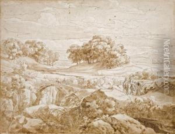 Sudliche Landschaft Mitbrucke Und Staffagefiguren Oil Painting - Friedrich I Preller