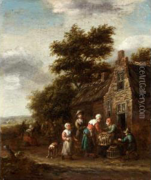 A Landscape With Peasants Selling Chickens Outside A Cottage Oil Painting - Barent Gael