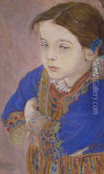Girl in a Folk Costume Oil Painting - Stanislaw Wyspianski