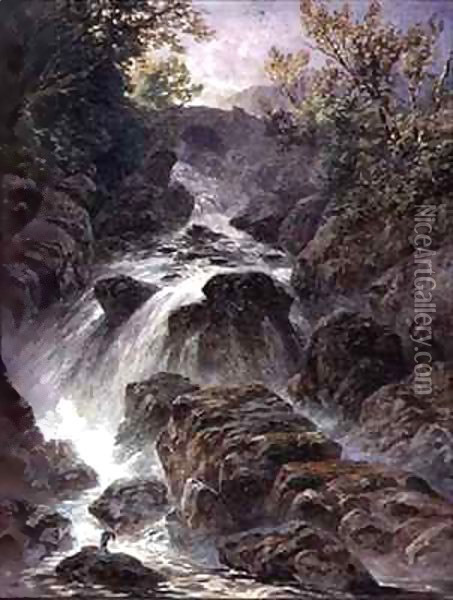 Bridge and Waterfall near Capel Curig Oil Painting - William Bennett