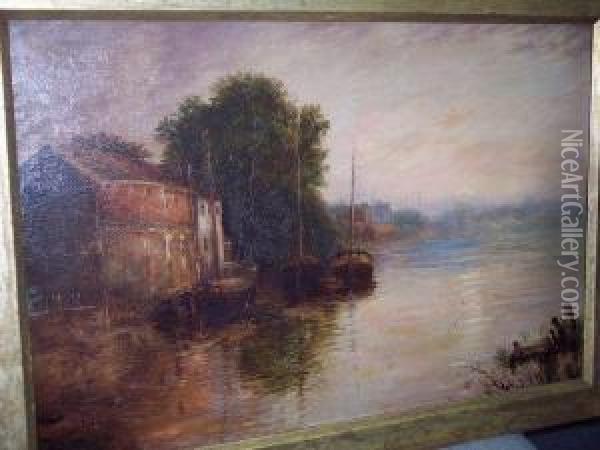 Barges On A River Oil Painting - Fred Miller
