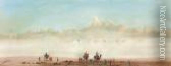 A Camel Train In A Desert Haze Oil Painting - Augustus Osborne Lamplough