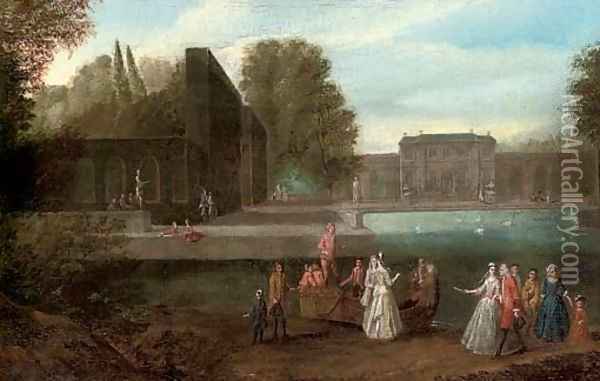 Elegant company disembarking from a boat in a lake in the grounds of a country house Oil Painting - Joseph Francis Nollekens