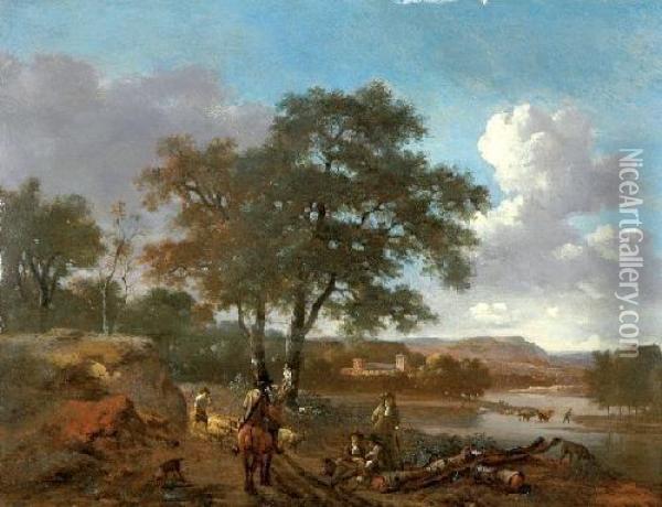 Pejzaz Z Rzeka, Grupa Mysliwych... Oil Painting - Jan Wijnants
