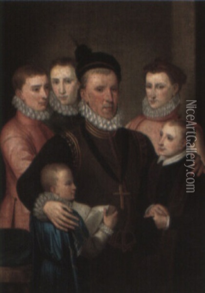 Portrait Of George, 6th Lord Seton With His Children Oil Painting - George Jamesone
