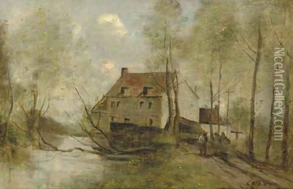 Planque, pres Douai-Le Moulin Brule Oil Painting - Jean-Baptiste-Camille Corot