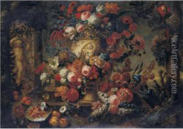 Still Life Of Flowers In A 
Sculpted Vase Resting On A Stone Ledge With Fruit, A Parrot And A 
Fountain With A Putto And Dolphin, In A Landscape Oil Painting - Jan-baptist Bosschaert