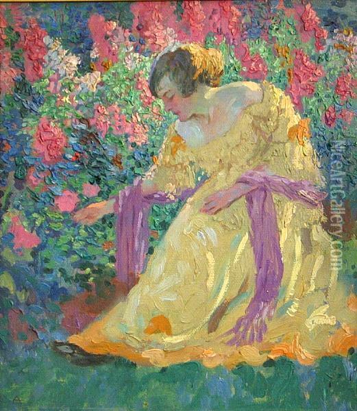Woman In A Garden Oil Painting - Charles F. Arcieri