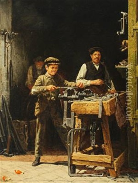 A Blacksmith's Workshop Oil Painting - Niels Christian Hansen