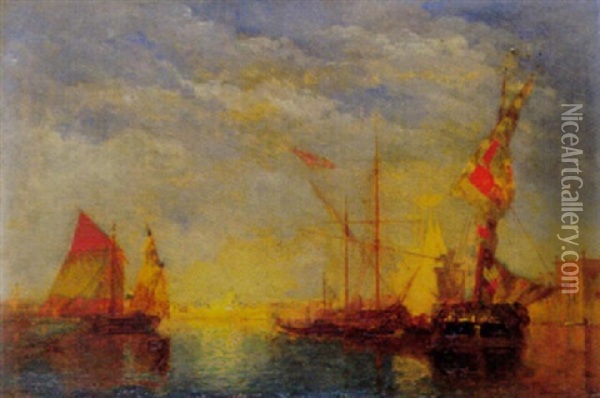 Segelschiffe In Der Lagune Von Venedig Bei Sonnenuntergang Oil Painting - Henri Duvieux