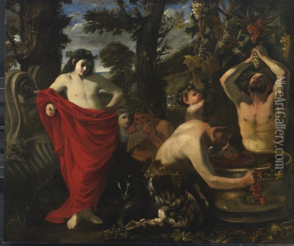 Bacchus Overseeing The Crushing Of Grapes By His Satyrs Oil Painting - Pier Francesco Mola