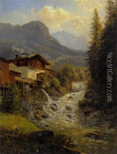 Gebirgsmotiv Mit Muhle Oil Painting - Gustav Barbarini